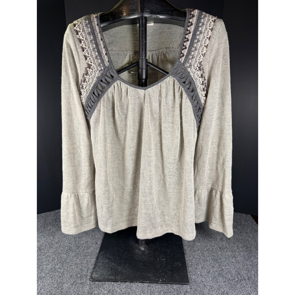 Mystree Womens Gray Boho Crochet Square Neck Long Sleeve Ruffle Blouse Small